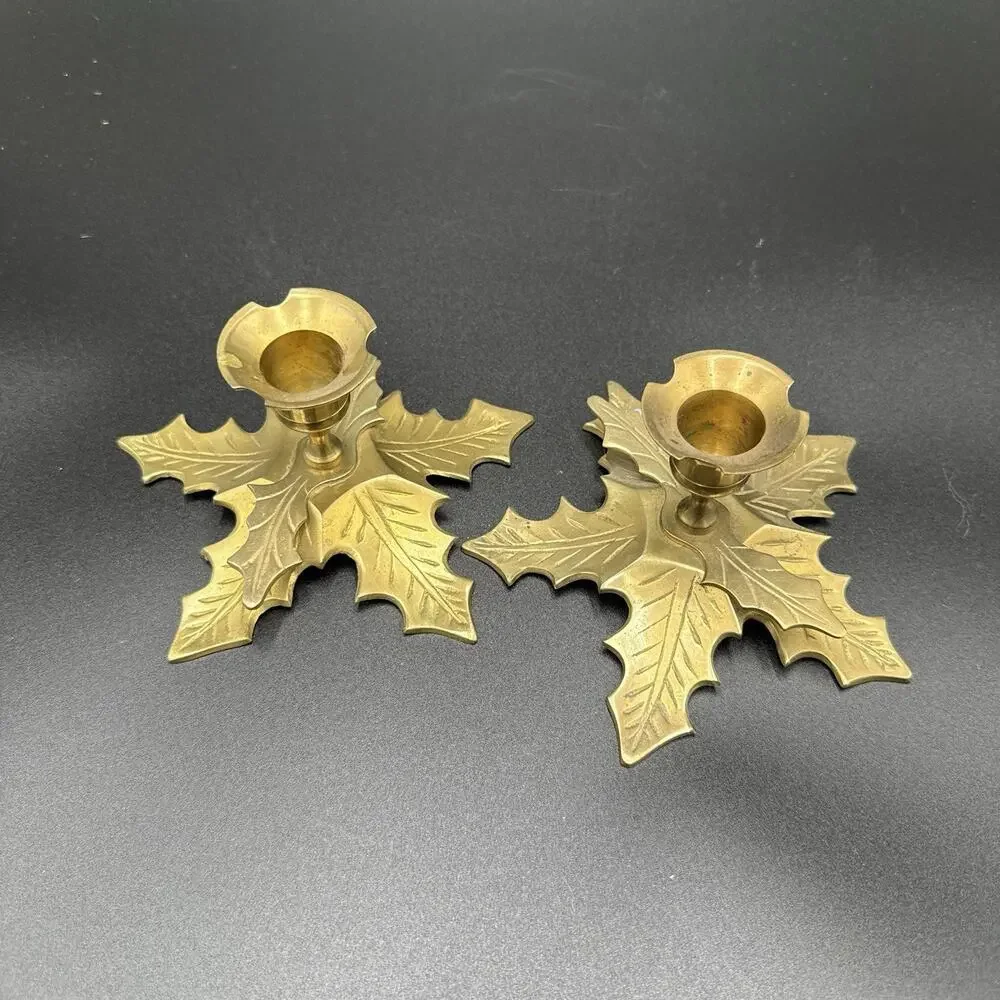 Vintage Brass Holly Leaf Candle Holders Pair Made in India Christmas Holiday